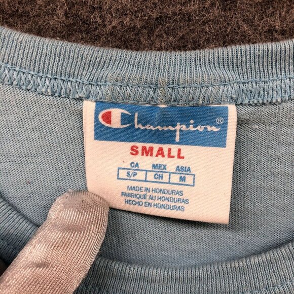 Champion T Shirt Mens Small S Light Blue Embroidered Retro Spellout Athleisure - Picture 5 of 9